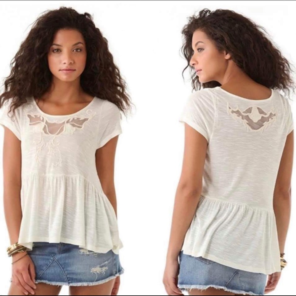 Free People Cream Peplum Short Sleeve Top